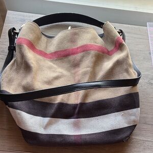 Used Burberry Cotton/Leather Striped Shoulder Bag